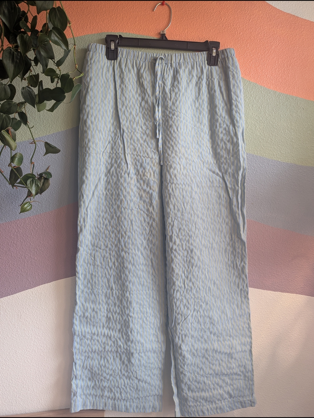 Light Blue & Gray Striped Wide-Leg Women’s Drawstring Pants